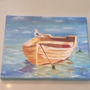 Coastal Tranquility Wooden Boat Canvas Art